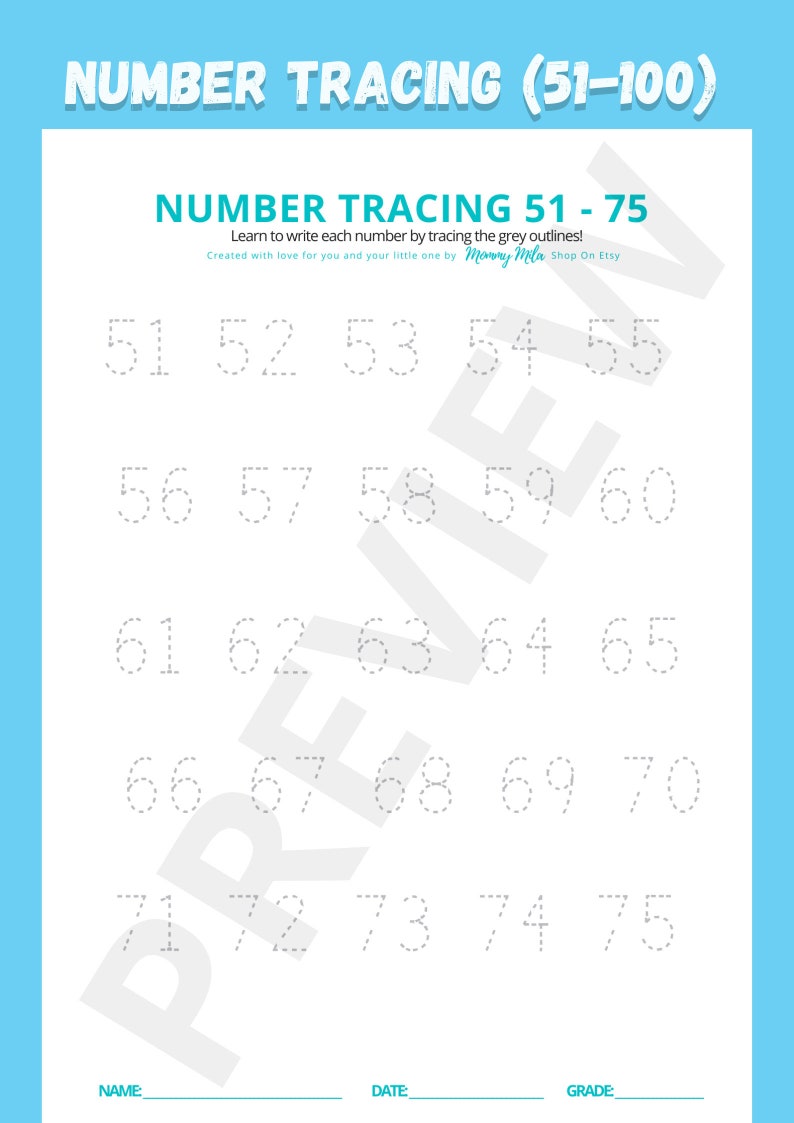 Number tracing worksheet 51 to 100 by mommy mila preschool prek