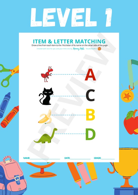 level 1 4 preschool item letter matching worksheets english etsy
