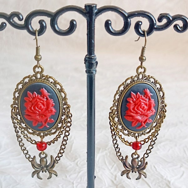 Boucles d'oreilles, bronze, rouge, roses, araignées, cabochon, camée, fleur, gothique, goth, victorien, vintage, rétro