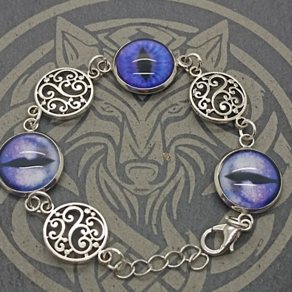 Bracelet, argent, violet, gothique, goth, celtique, wicca, witchy, yeux de dragon, yeux de serpent, vintage, rétro