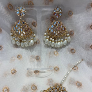Mirror & Pearl tikka earring set ivory gold silver tikka earrings