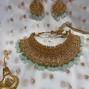 Sabyasachi Inspired Indian Bridal Mint green set with real stones with tikka