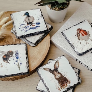 Animal Slate Coasters Tableware, Square Natural Slate Coasters, Woodland animals, homewarming, Hare, Robin, Fox
