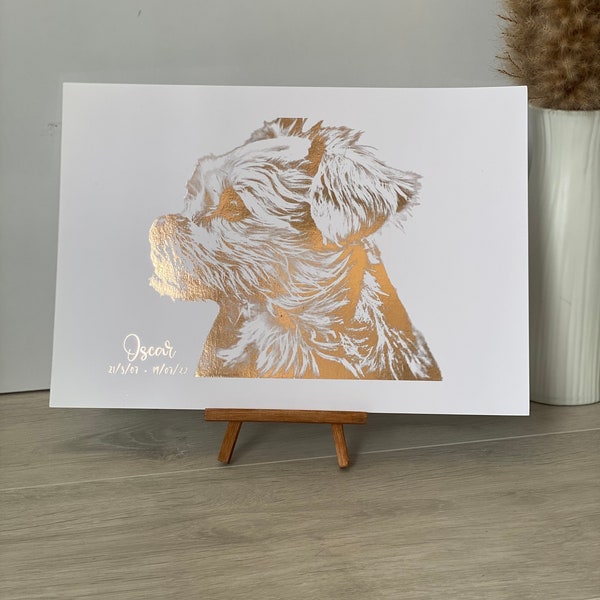 Dog Foil Print, Gold Foiled Pet Print, Pet Portrait, Pet present dog loss gift