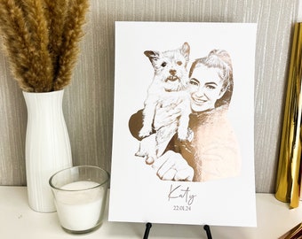 Portrait with your pet in Foil, Gold Foiled Pet Print with owner, Pet Portrait, Pet present, Pet loss Gift