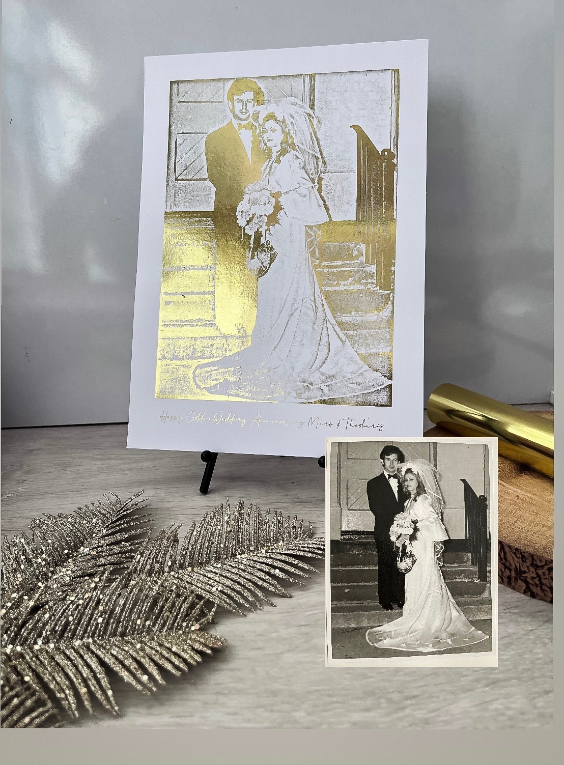 Golden Anniversary Print, 50th wedding anniversary, Golden wedding anniversary gift, wedding gift, foiled portrait