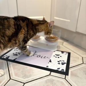 May include: A tabby cat eating from a white and grey double bowl pet feeder on a black and white paw print floor mat with the word "your" printed on it.
