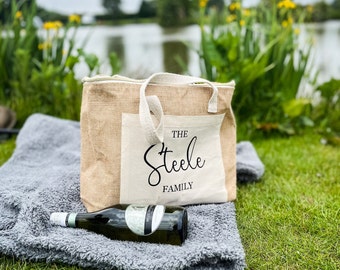 Jute Cool Bag, Personalised Picnic Bag, Picnic Blanket, Family Cool Bag, Lunch Bag