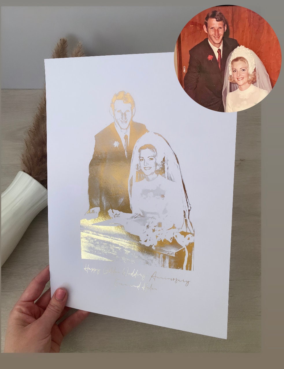 Golden Anniversary Print, 50th wedding anniversary, Golden wedding anniversary gift, wedding gift, foiled portrait