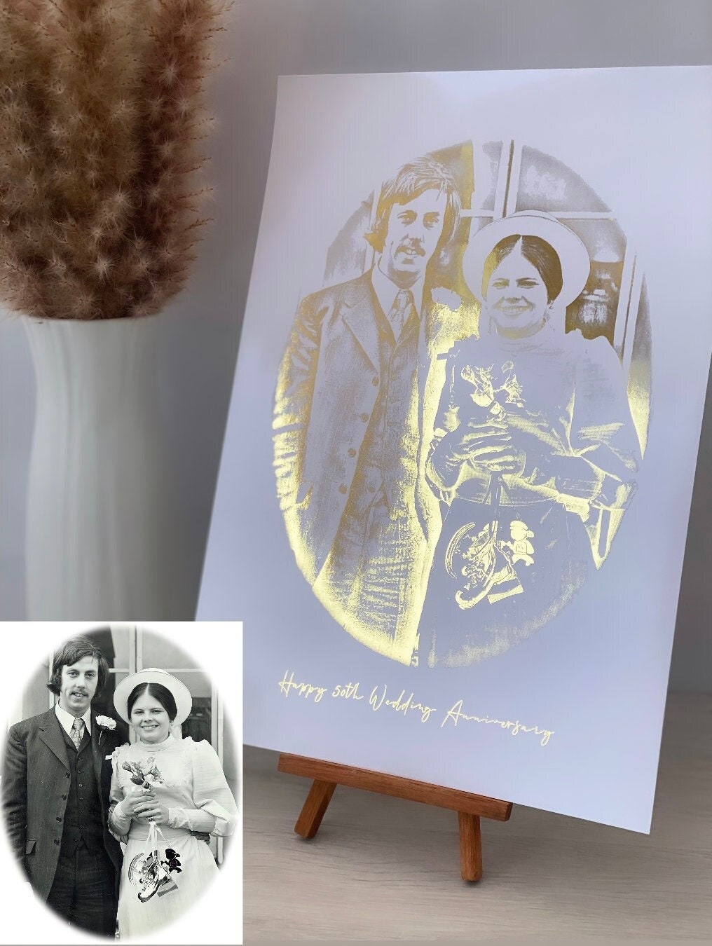 Golden Anniversary Print, 50th wedding anniversary, Golden wedding anniversary gift, wedding gift, foiled portrait