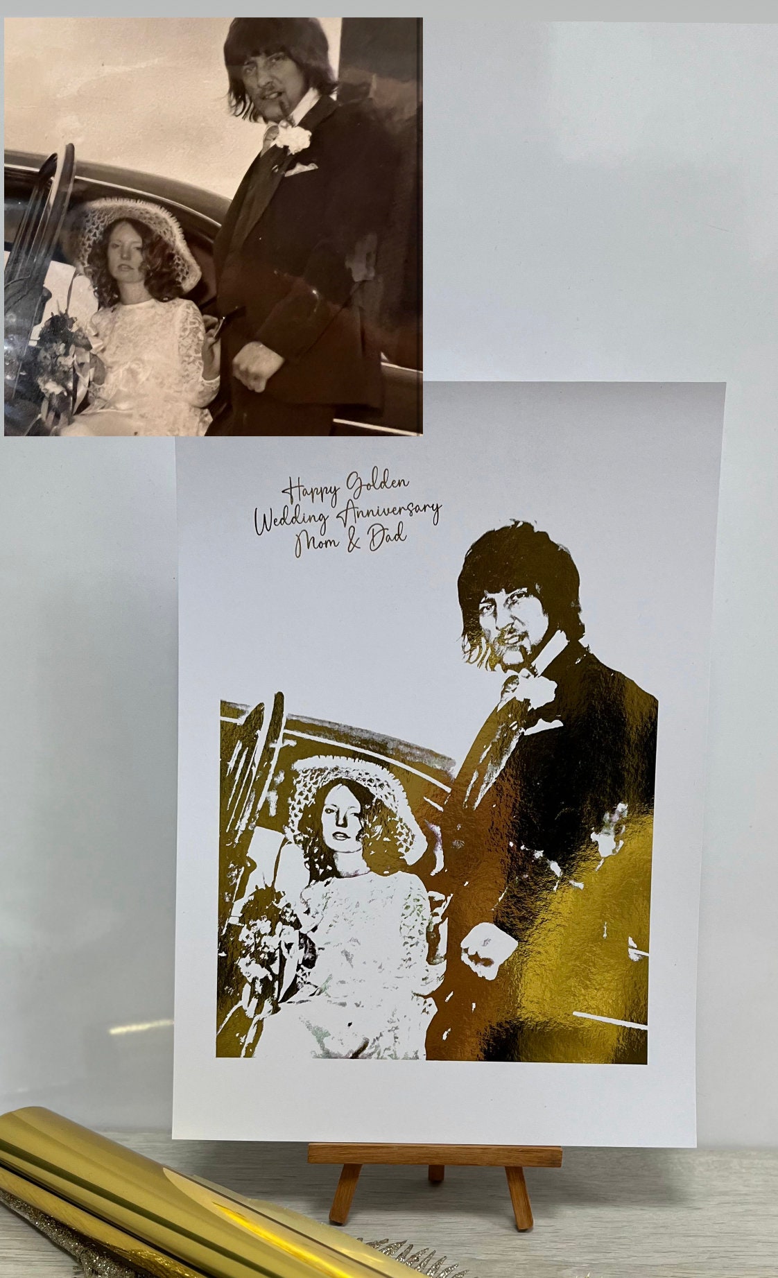 Golden Anniversary Print, 50th wedding anniversary, Golden wedding anniversary gift, wedding gift, foiled portrait