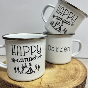 Personalised Camping Mugs, Tin Camping Cup, Happy Campers