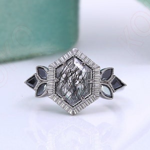 Hexagon Natürliche Schwarz Rutil Edelstein Jahrestag Brautring Schöne 925 Schwarz Rhodium Verlobung Solitär Frauen Versprechen Geburtstagsgeschenk
