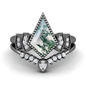 Kite Natürliche Moosachat Edelstein 925 Schwarz Rhodium Hochzeit Brautring Set Schöne Moissanite Stacking Band Gothic Geburtstag Versprechen Geschenk