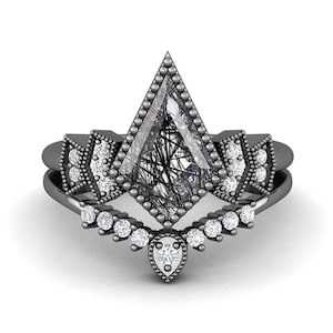 Drachen Form Schwarz Rutil Edelstein Schwarz Rhodium Verlobungsring Set Art-Deco-Braut Stacking Band Schwarz Rhodium Ring Vorschlag Geschenk für Sie