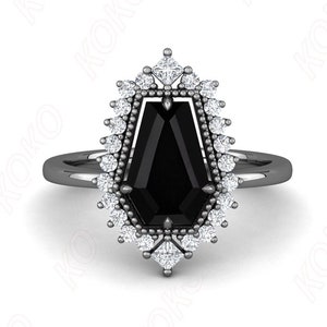 Beautiful Coffin Black Onyx Gemstone Black Rhodium Engagement Ring Unique Art Deco 14K 18K Black Gold Women's Ring Birthday Anniversary Gift