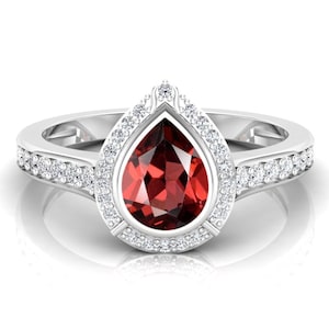 8x6mm Pear shape red garnet gemstone halo solitaire ring for women, red stone ring, anniversary gift, wedding ring,bezel set stone ring gift