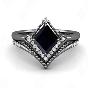 Kite Shape Black Onyx Anniversary Bridal Ring Set Unique Art Deco Moissanite Stacking Band Black Rhodium Ring Set Proposal Gift For Love