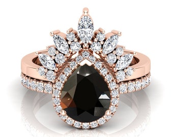 Pear 10x8mm Natural Black Onyx Engagement Ring, Beautiful 2PCS Wedding Ring Set For Bride, Black Teardrop stone Ring set, Gift For Birthday