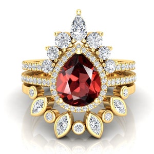 Natural Red Garnet Wedding Ring Set, Gorgeous Teardrop Red Stone Ring Set For Her, 3Pcs Vintage Halo Ring Set, Art deco Ring Set For Women