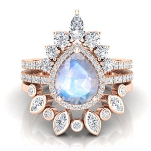 3Pcs Wedding Ring Set, Natural Moonstone Engagement Ring Set, Vintage Halo Ring Set, June Birthstone Ring, Marquise Moissanite Proposal Ring