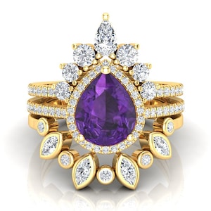 Natural Amethyst Wedding Ring Set, Beautiful Teardrop Purple Stone Ring Set For Her, 3Pcs Vintage Halo Ring Set, Art deco Ring Set For Women