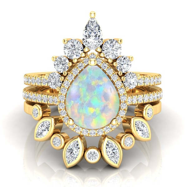 Opal-Ehering-Set, Birnenförmiger 10 x 8 mm Naturopal, Marquise-Moissanit, 14 Karat Roségold-Vermeil