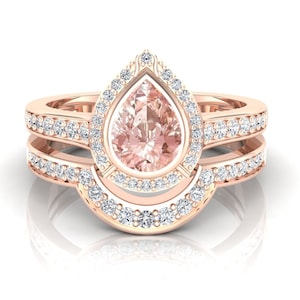 8x6mm Pear shape peach morganite gemstone halo solitaire ring for women , pear ring, anniversary gift, wedding ring,bezel set stone ring