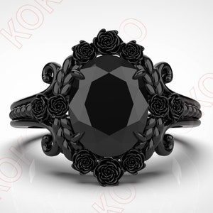 Beautiful Bridal Ring, Oval 9x7mm Natural Onyx Wedding Ring, Antique Black Rhodium Engagement Ring gift Floral Flower Nature Inspired Ring..