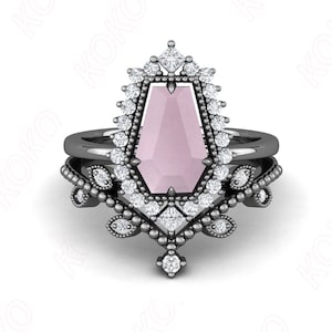 Coffin Shape Rose Quartz Gemstone Black Rhodium Engagement Ring Set Art Deco Bridal Stacking Band Black Rhodium Proposal Gift For Love