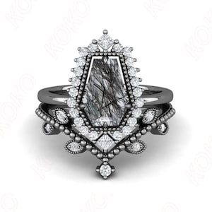 Coffin Shape Black Rutile Gemstone Black Rhodium Engagement Ring Set Art Deco Bridal Stacking Band Black Rhodium Ring Proposal Gift For Love