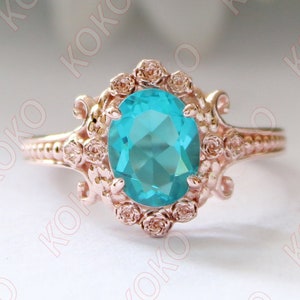 Beautiful Wedding Ring, Lab Grown Paraiba Tourmaline Engagement Ring For Her, Oval Stone Ring, Gorgeous Floral Flower Nature Inspired Ring