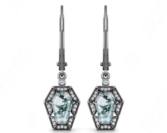 Cercueil Mousse Agate 14K Boucle d’oreille en or noir Art Déco Moissanite Halo Noir Rhodium Dangle & Drop Unique Lever Back Femmes Boucle d’oreille Cadeau pour elle