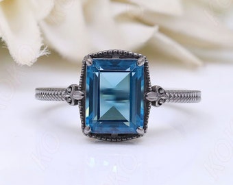 Emerald Cut London Blue Topaz Gemstone Women&#39;s Statement Ring 925 Black Rhodium Solitaire Anniversary Bridal Engagement Ring Birthday Gift