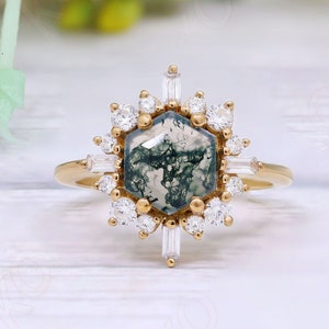 Hexagon 8x8mm Natural Moss Agate Gemstone Engagement ring, Wedding ring, Halo ring, Women&#39;s Jewelry, Promise ring,Proposal ring,Gift for Her