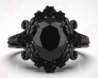 Beautiful Bridal Ring, Oval 9x7mm Natural Onyx Wedding Ring, Antique Black Rhodium Engagement Ring gift Floral Flower Nature Inspired Ring..