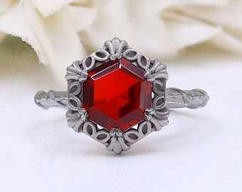 Gifts For Birthday Hexagon Red Garnet Ring, Black Rhodium Gothic Art Deco Style