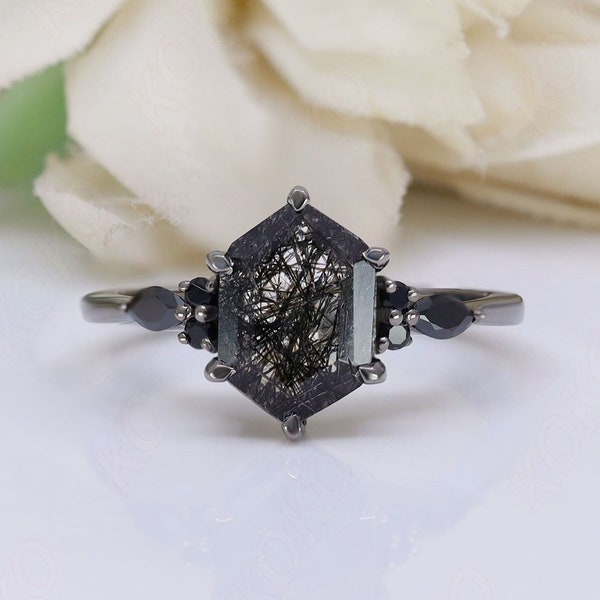 Hexagon Natural Black Rutile Gemstone Anniversary Bridal Ring Beautiful 925 Black Rhodium Engagement Solitaire Women Promise Birthday Gift