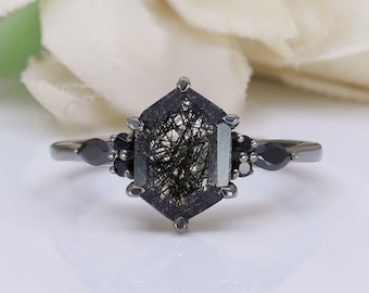 Hexágono Natural Negro Rutilo Piedra Preciosa Aniversario Anillo Nupcial Hermoso 925 Rodio Negro Compromiso Solitario Mujeres Promesa Regalo de Cumpleaños