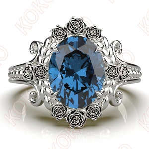 2.55 Ctw Oval Natural London Blue Topaz 925 Silver Engagement Ring Wedding Ring Art deco Ring Floral Flower Rings 14K 18K Gold RIngs