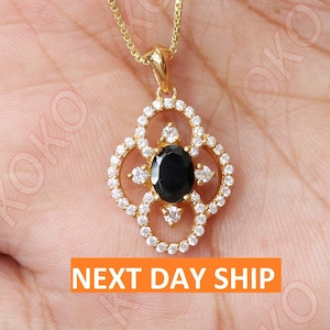 Oval Shape Natural Black Onyx Vintage Art Deco Necklace, 14K Yellow Gold Vermeil Black Onyx Halo Moissanite Necklace, 18&quot; Box Chain Necklace