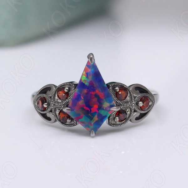 Kite Shape Fire Opal Gemstone Engagement Ring Red Garnet 925 Black Rhodium Art Deco Promise Ring Wedding Bridal Anniversary Proposal Gifted
