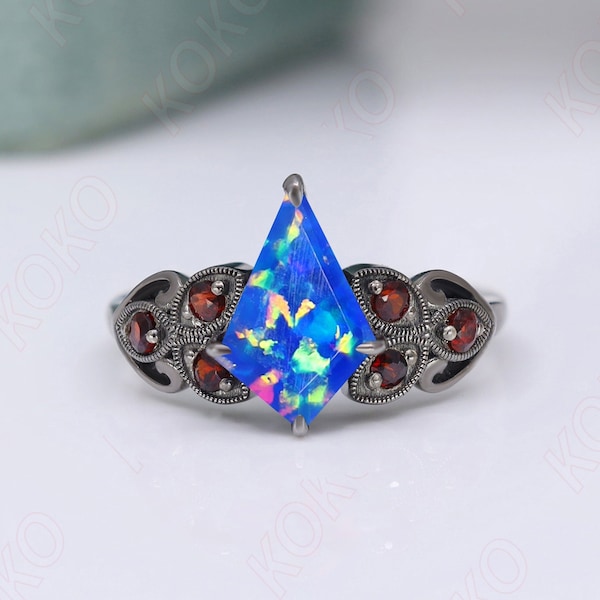 Kite Shape Blue Fire Opal Gemstone Engagement Ring 925 Black Rhodium Garnet Art Deco Promise Ring Wedding Bridal Anniversary Proposal Gift