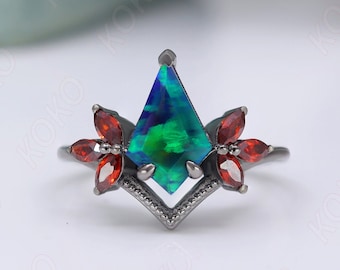 Kite Shape Blue & Green Fire Opal Gemstone Engagement Ring 925 Black Rhodium Art Deco Promise Ring Wedding Bridal Anniversary Proposal Gift