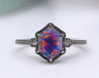 Hexagon Aurora Fire Opal Gemstone Anniversary Bridal Ring Beautiful 925 Black Rhodium Engagement Art Deco Women Promise Birthday Gift