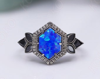 Hexagon Blue Fire Opal Gemstone Anniversary Bridal Ring Beautiful 925 Black Rhodium Engagement Art Deco Women Promise Birthday Gift