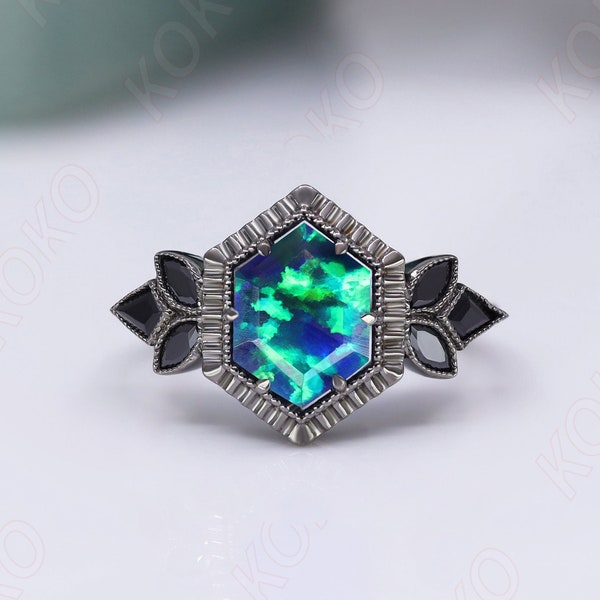 Hexagon Blue & Green Fire Opal Gemstone Anniversary Bridal Ring Beautiful 925 Black Rhodium Engagement Art Deco Women Promise Birthday Gift