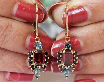 Emerald Cut Natural Red Garenet Dangle Earring for Love, vitnage Art deco Blue Topaz Drop Earring for Love,Anique Halo Earring for Woman her