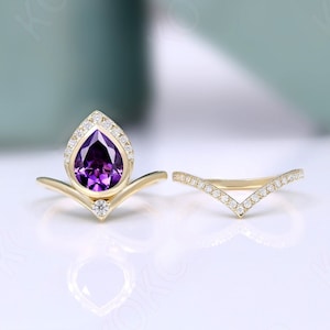 Natural Amethyst Wedding Ring Set, Beautiful Teardrop Purple Stone Ring Set For Her, 2Pcs Vintage Halo Ring Set, Art deco Ring Set For Women