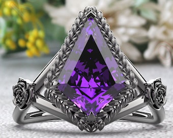 12X8 mm Kite Shape Amethyst Gemstone 925 Silver Engagement Wedding Bridal Ring Amethyst Flower Leaf Ring Nature Inspired 14K Gold Ring